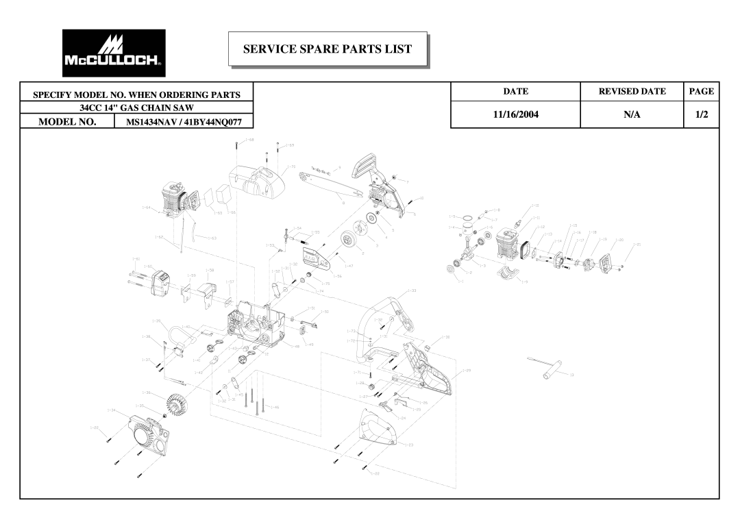 McCulloch 41BY44NQ077 manual Service Spare Parts List, 11/16/2004, Model No, Revised Date, Page, 34CC 14 GAS CHAIN SAW 