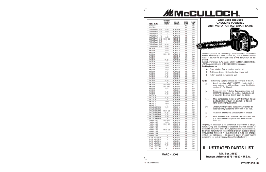 McCulloch MS1635AV specifications Stocking Codes are, Model Name 