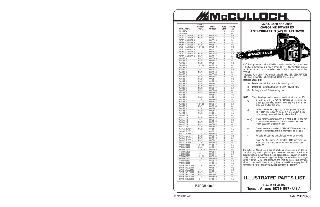 McCulloch MS1635AV specifications Illustrated Parts List, March, P.O. Box Tucson, Arizona 85751-1567 U.S.A P/N, †Serial 