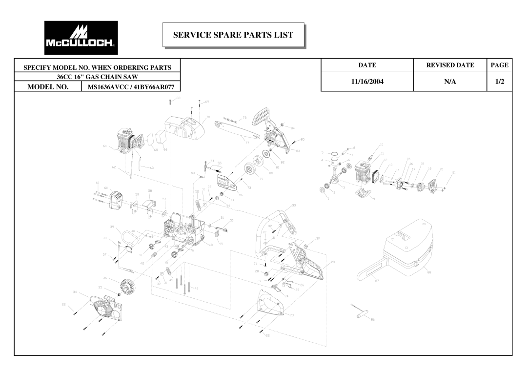 McCulloch 41BY66AR077, MS1636AVCC manual Service Spare Parts List 