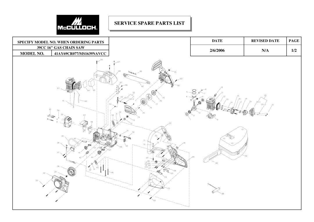 McCulloch 41AY69CR077, MS1639NAVCC manual Service Spare Parts List 