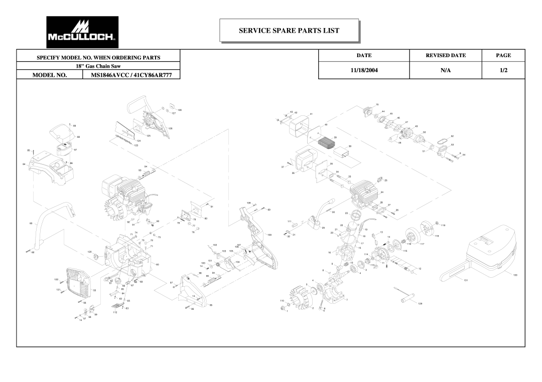 McCulloch 41CY86AR777 manual Specify Model No. When Ordering Parts, Revised Date, Gas Chain Saw, Page, 11/18/2004 