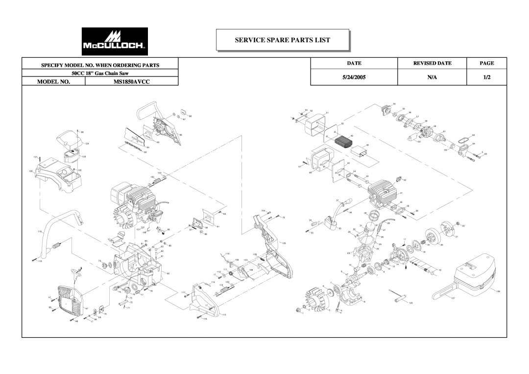 McCulloch MS1850AVCC manual Service Spare Parts List, 5/24/2005, Model No, Revised Date, Page, 50CC 18 Gas Chain Saw 