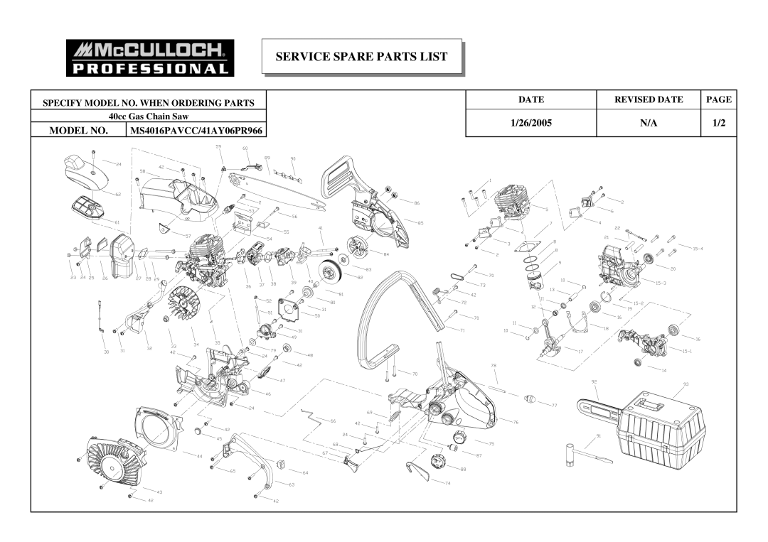 McCulloch 41AY06PR966, MS4016PAVCC manual Service Spare Parts List 