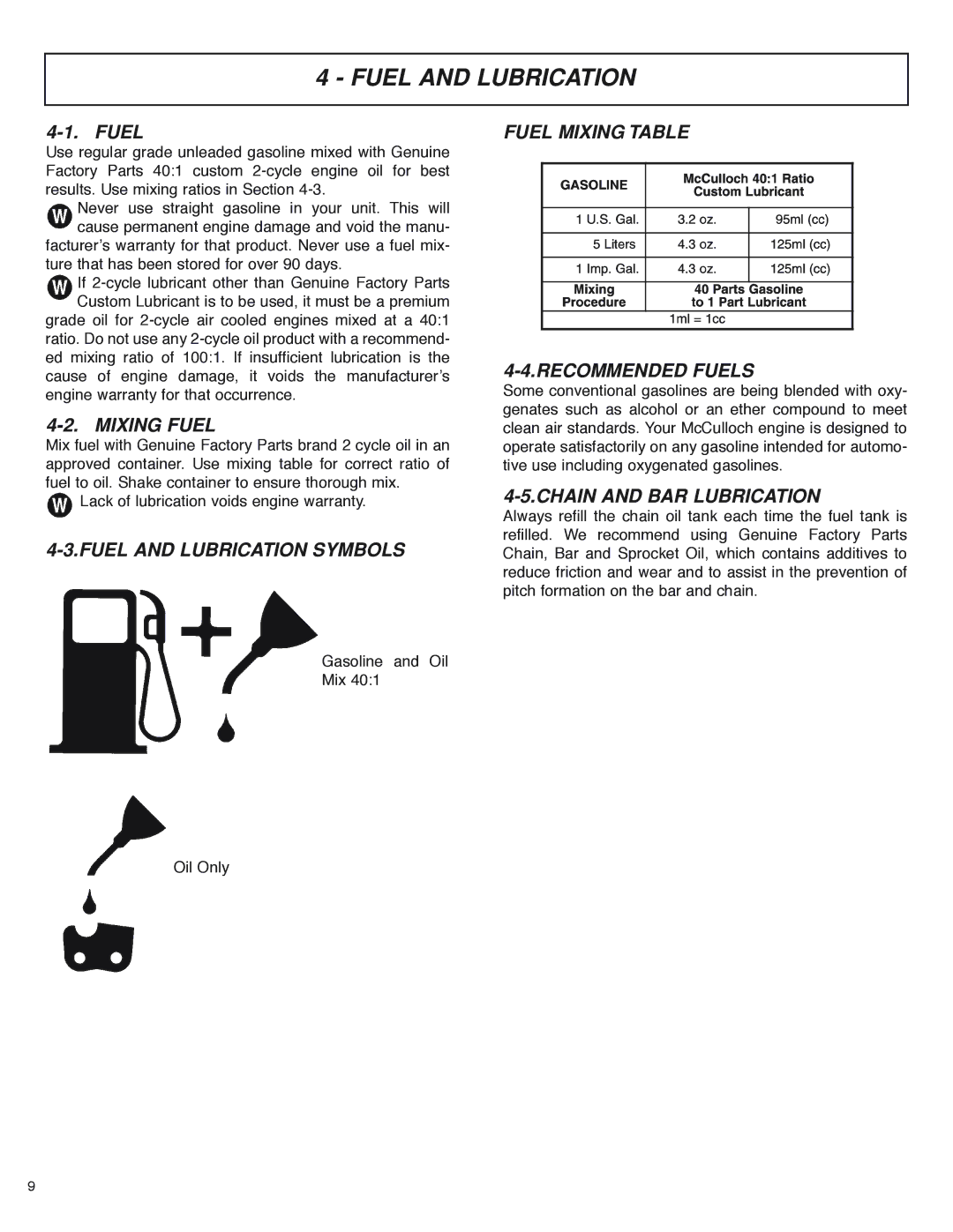 McCulloch MS4016PAVCC, MS4018PAVCC Mixing Fuel, Fuel and Lubrication Symbols, Fuel Mixing Table Recommended Fuels 