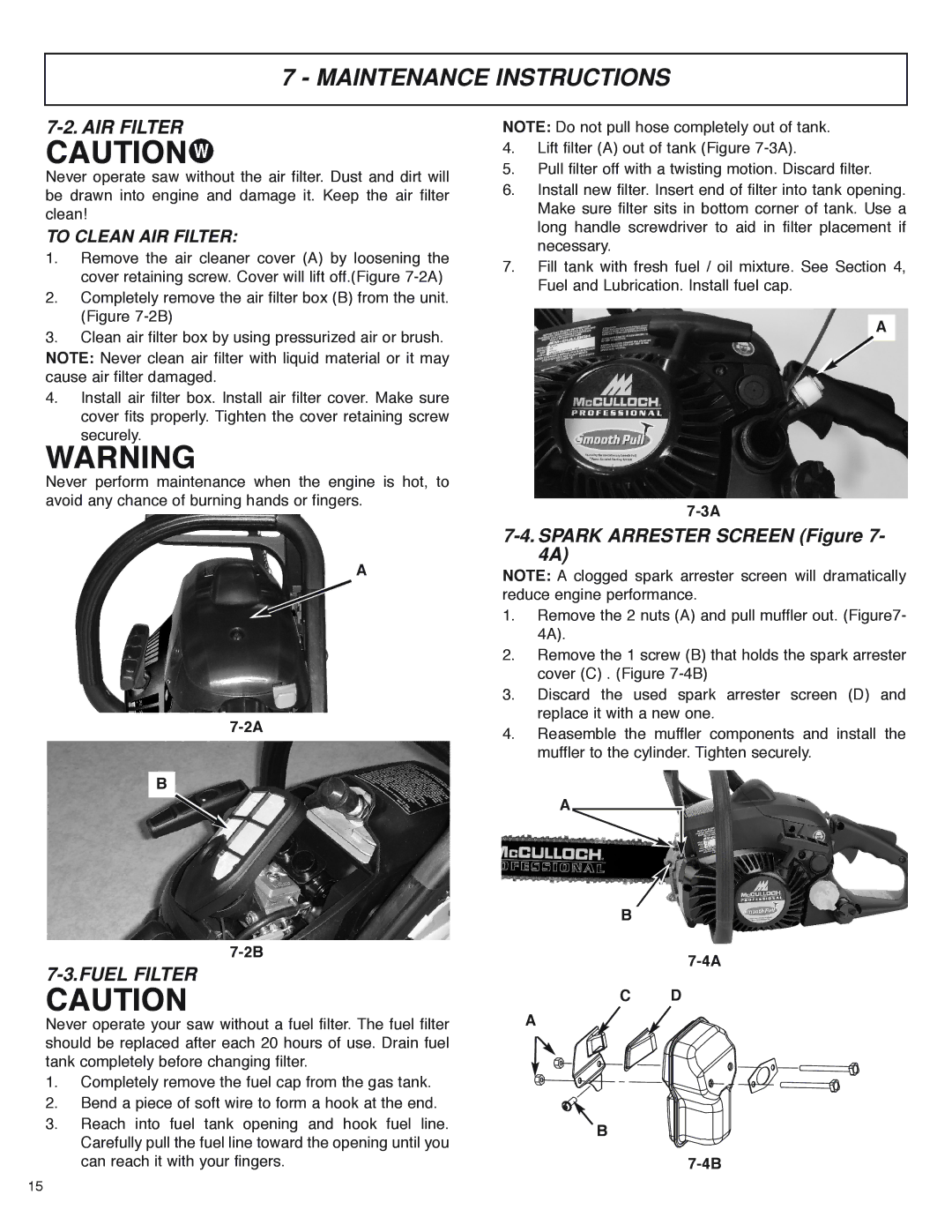 McCulloch MS4016PAVCC, MS4018PAVCC user manual Fuel Filter, To Clean AIR Filter 