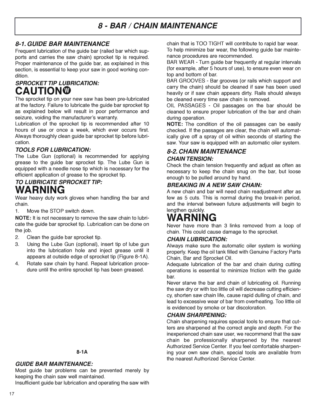 McCulloch MS4016PAVCC, MS4018PAVCC user manual BAR / Chain Maintenance, Guide BAR Maintenance 