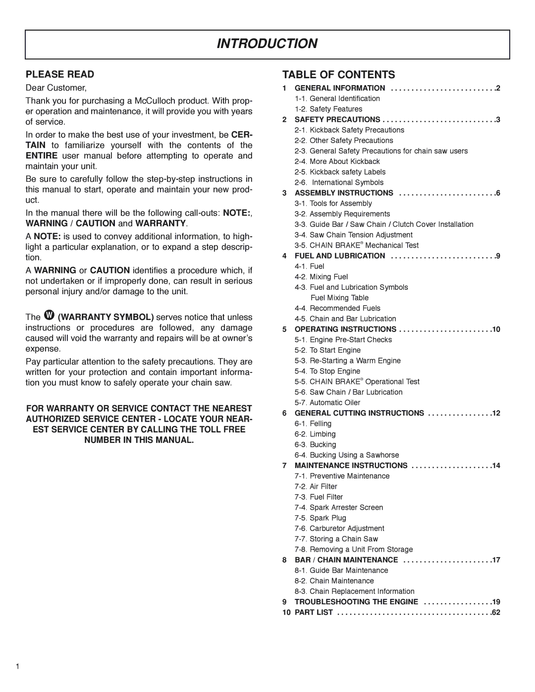 McCulloch MS4016PAVCC, MS4018PAVCC user manual Introduction, Table of Contents 