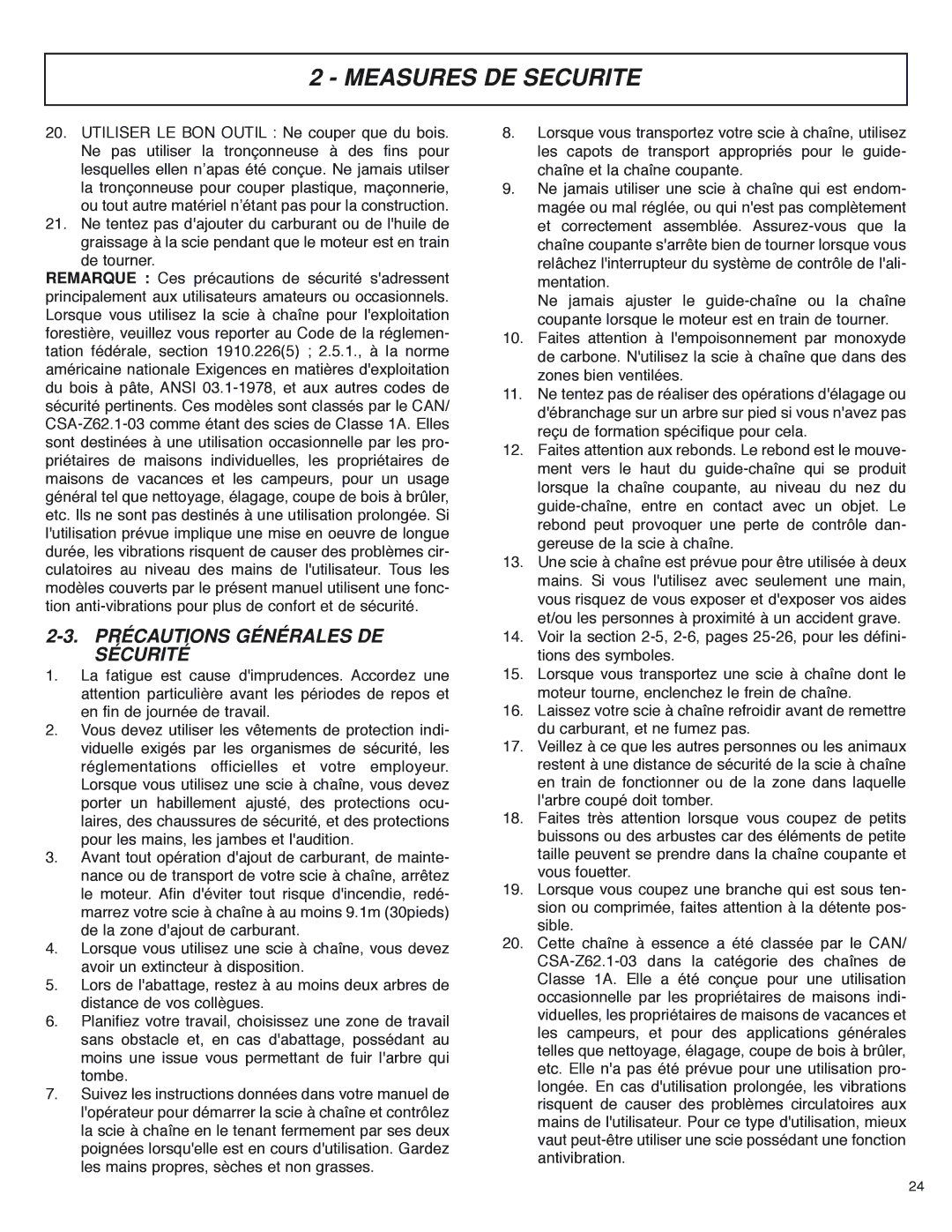 McCulloch MS4016PAVCC, MS4018PAVCC user manual Précautions Générales DE Sécurité 