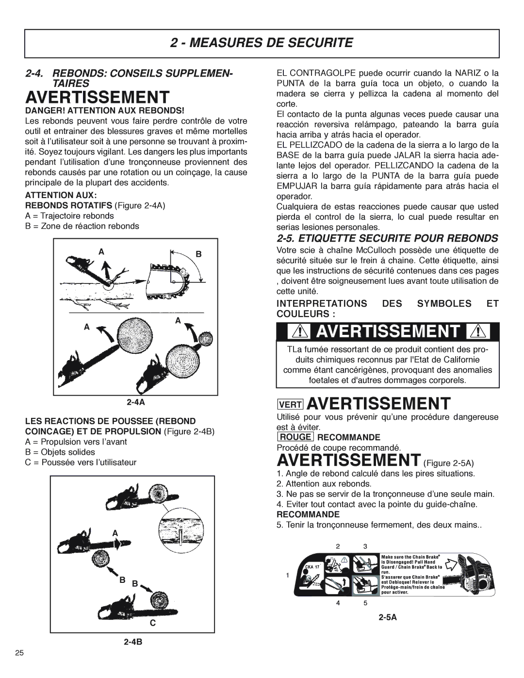 McCulloch MS4016PAVCC, MS4018PAVCC user manual Rebonds Conseils Supplemen Taires, Etiquette Securite Pour Rebonds 