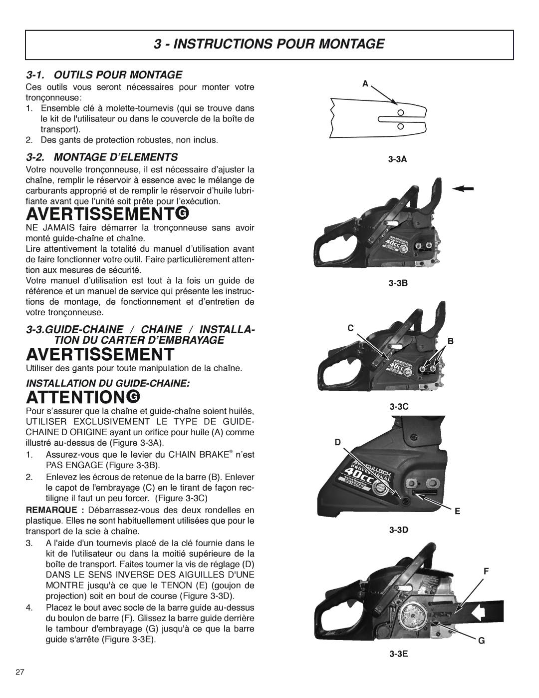 McCulloch MS4016PAVCC, MS4018PAVCC user manual Instructions Pour Montage, Outils Pour Montage, Montage D’ELEMENTS 