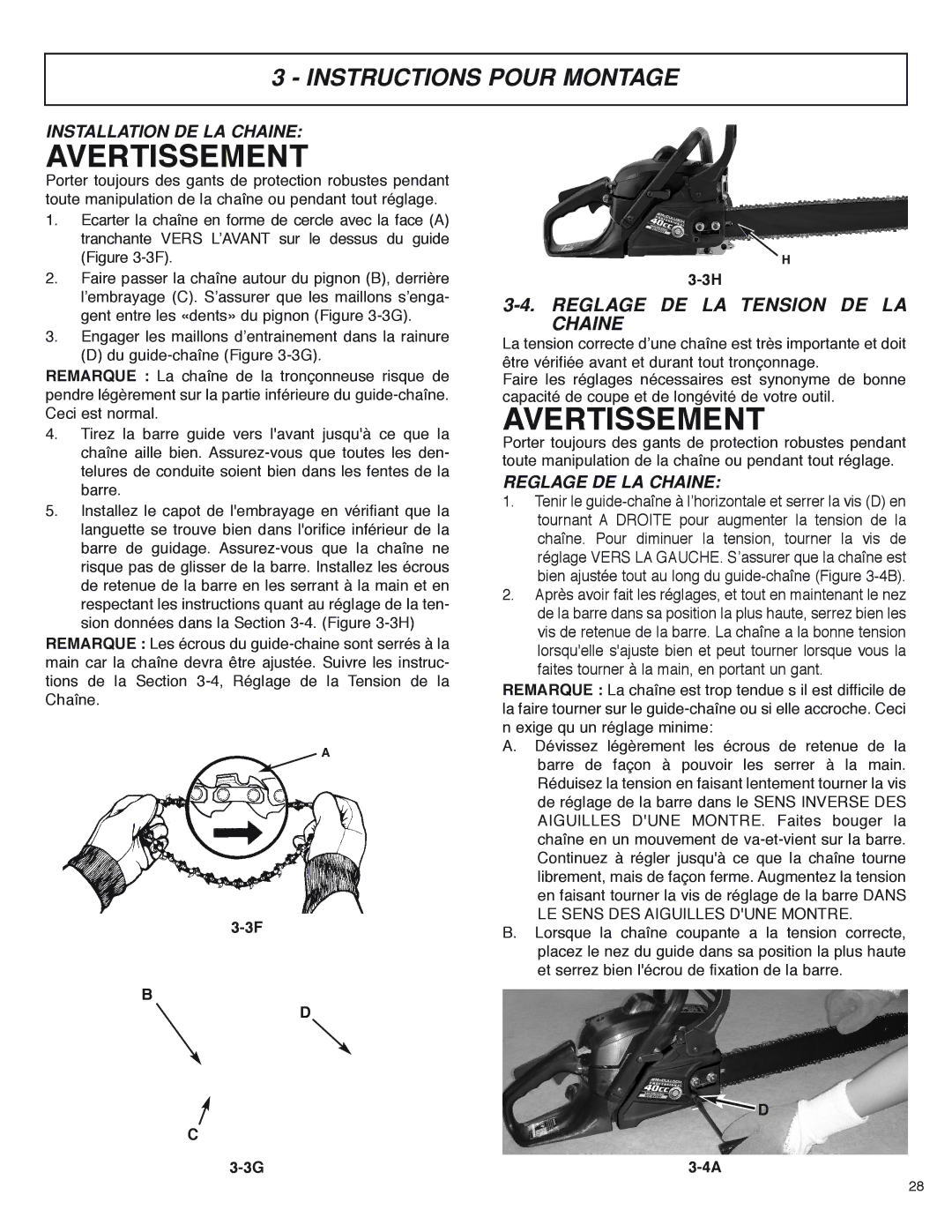 McCulloch MS4016PAVCC, MS4018PAVCC Reglage DE LA Tension DE LA Chaine, Installation DE LA Chaine, Reglage DE LA Chaine 