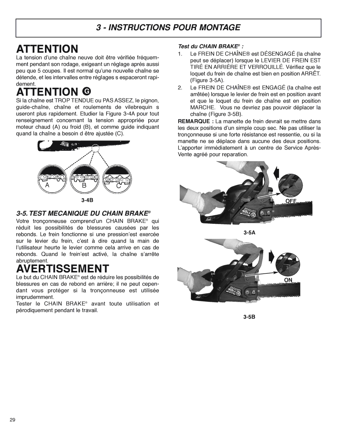 McCulloch MS4016PAVCC, MS4018PAVCC user manual Test Mecanique DU Chain Brake, Test du Chain Brake 