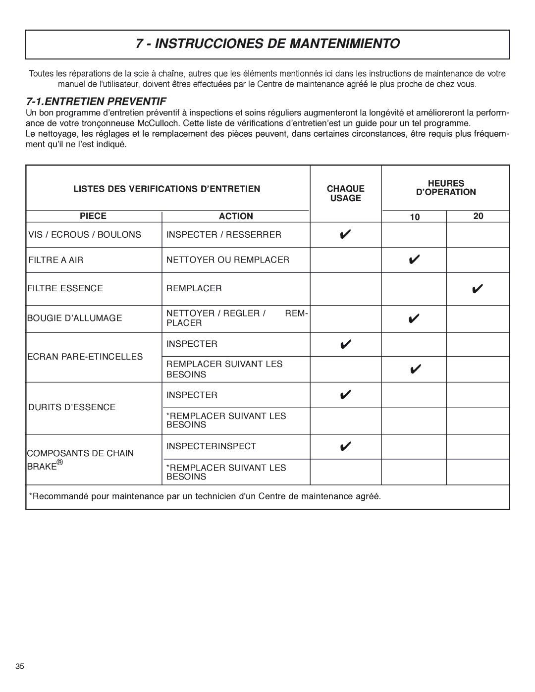 McCulloch MS4016PAVCC, MS4018PAVCC user manual Instrucciones DE Mantenimiento, Entretien Preventif 