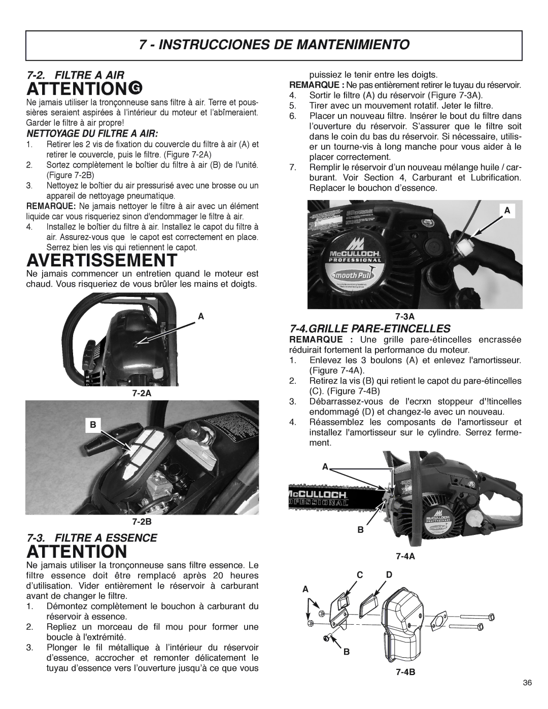 McCulloch MS4016PAVCC, MS4018PAVCC user manual Filtre a Essence, Grille PARE-ETINCELLES, Nettoyage DU Filtre a AIR 