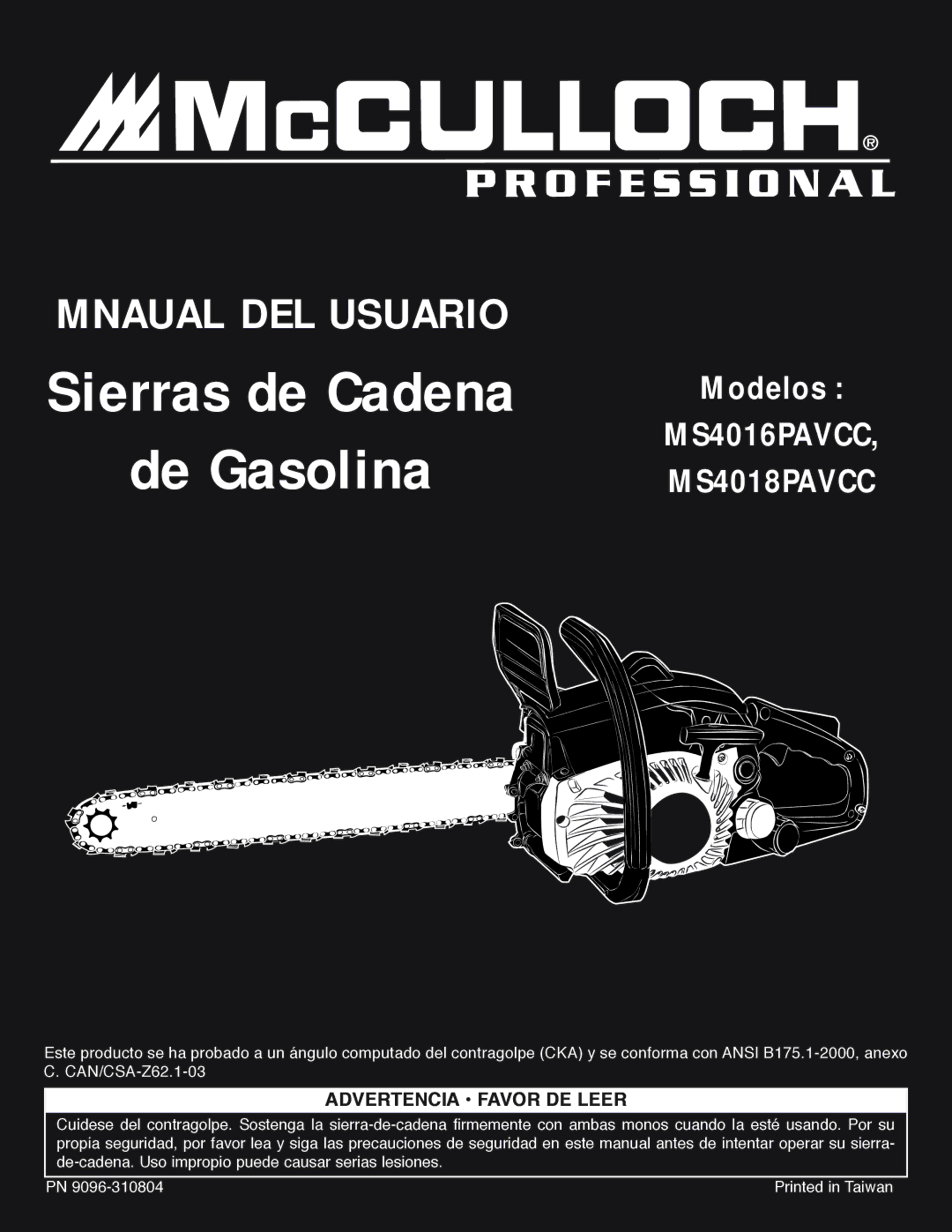 McCulloch MS4016PAVCC, MS4018PAVCC user manual Sierras de Cadena De Gasolina 