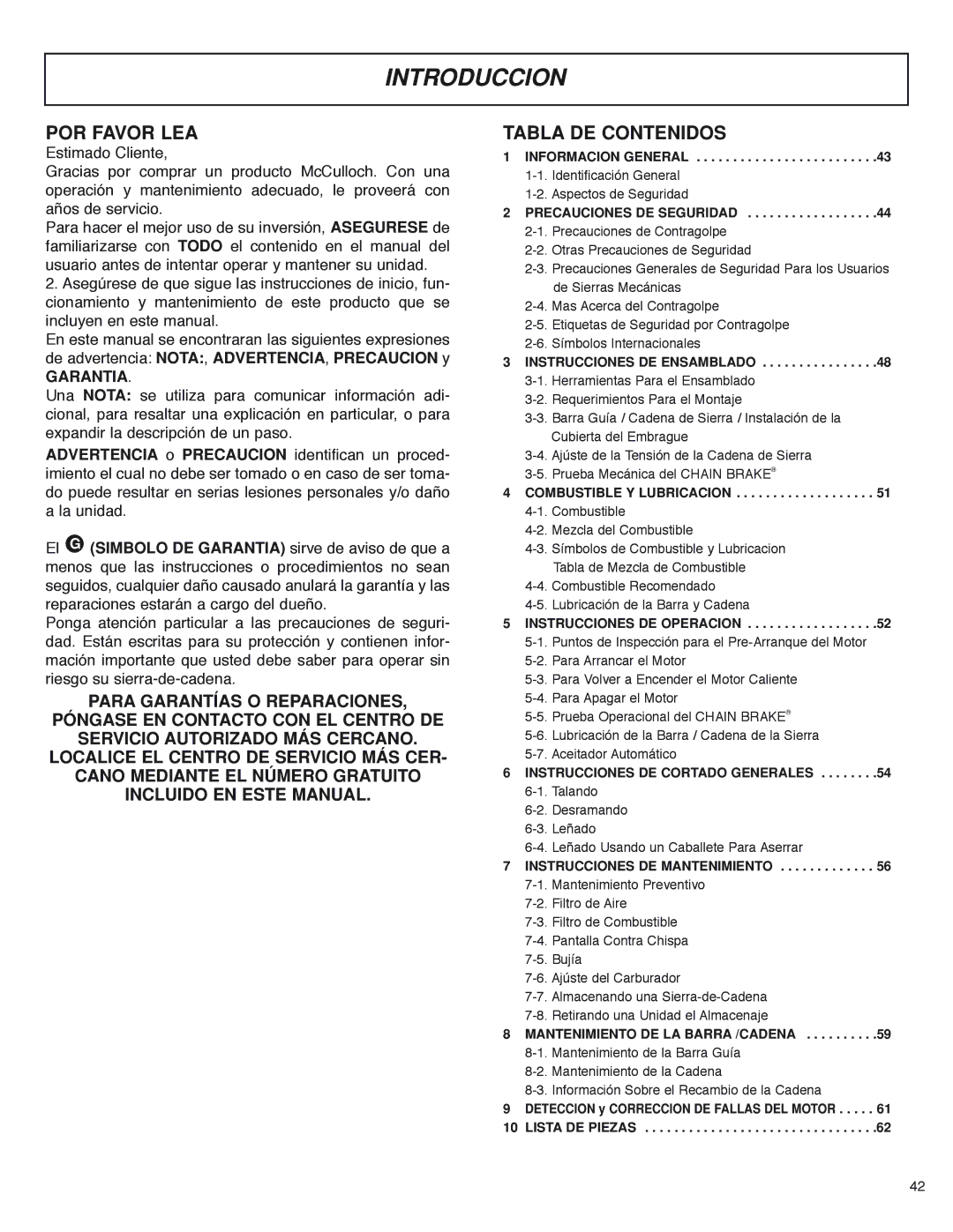 McCulloch MS4016PAVCC, MS4018PAVCC user manual Introduccion, POR Favor LEA 