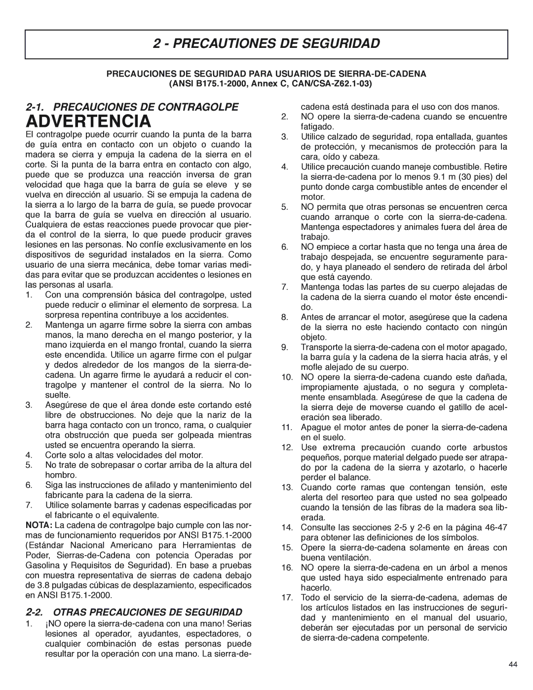 McCulloch MS4016PAVCC, MS4018PAVCC Precautiones DE Seguridad, Precauciones DE Contragolpe, Otras Precauciones DE Seguridad 