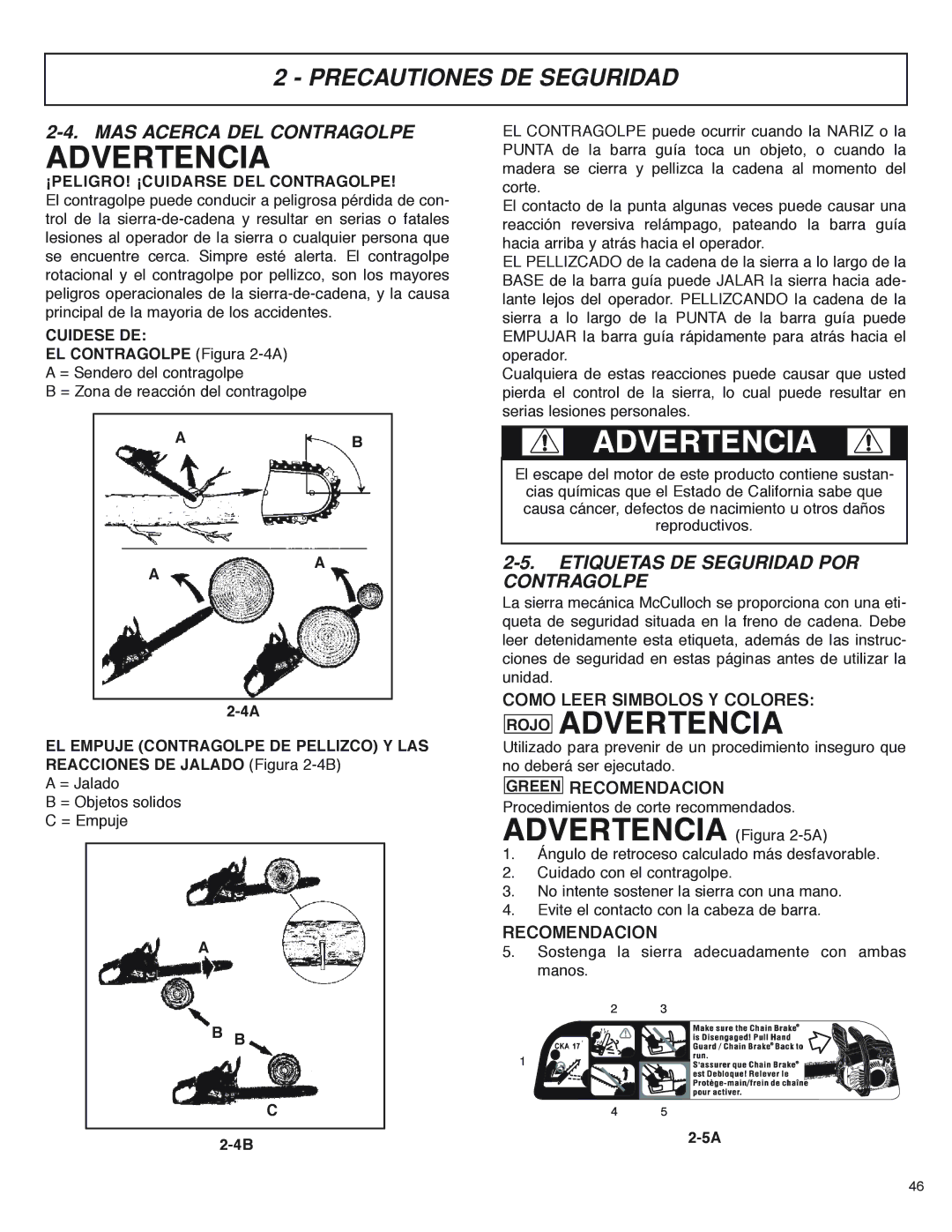 McCulloch MS4016PAVCC, MS4018PAVCC user manual MAS Acerca DEL Contragolpe, Etiquetas DE Seguridad POR Contragolpe 