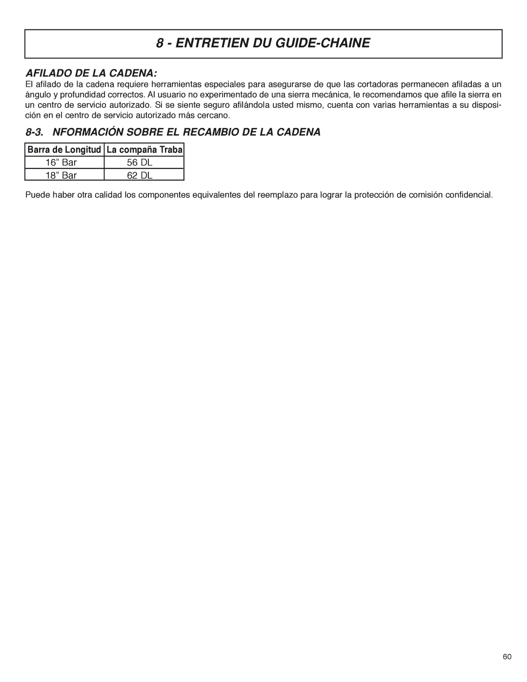 McCulloch MS4016PAVCC, MS4018PAVCC user manual Afilado DE LA Cadena, Nformación Sobre EL Recambio DE LA Cadena 