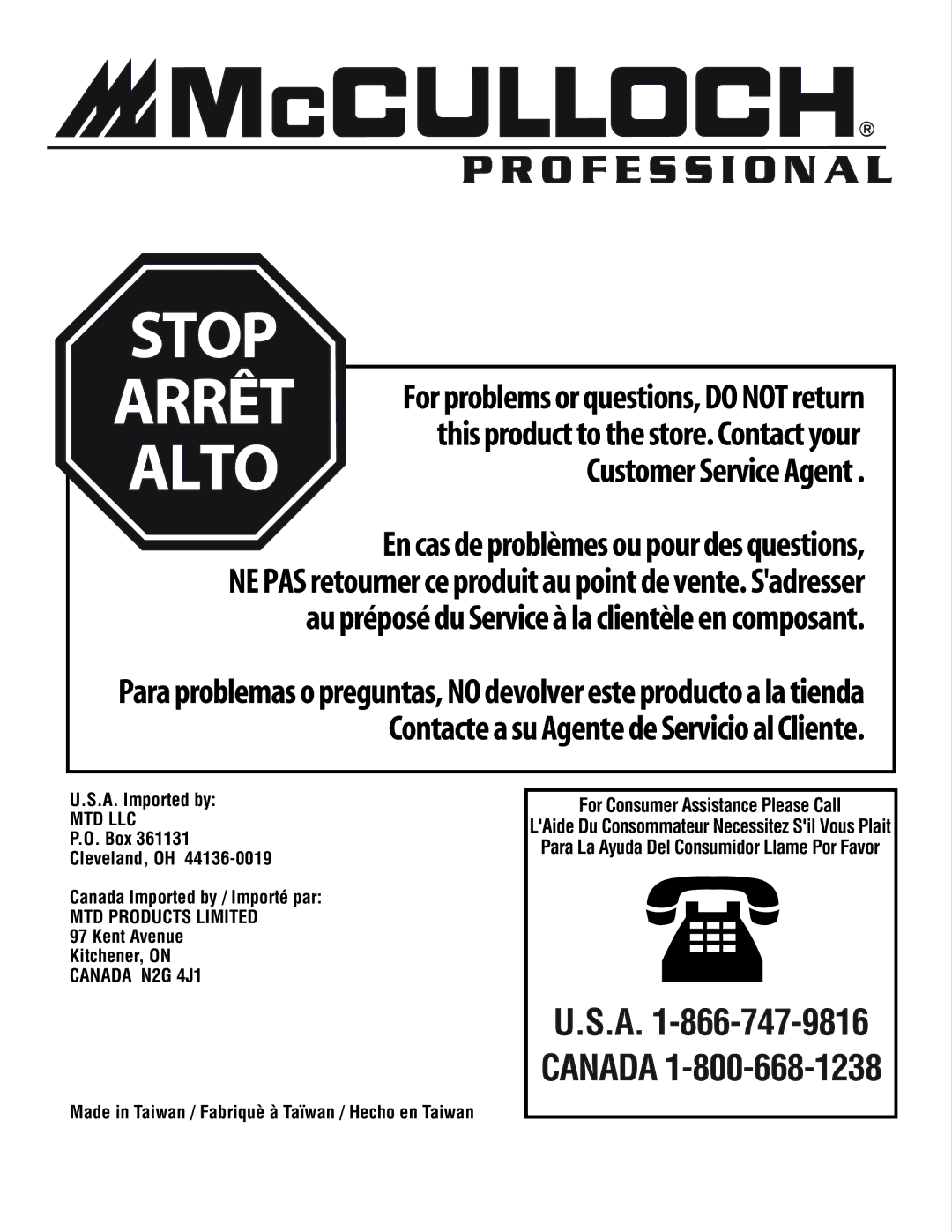 McCulloch MS4016PAVCC, MS4018PAVCC user manual Alto 