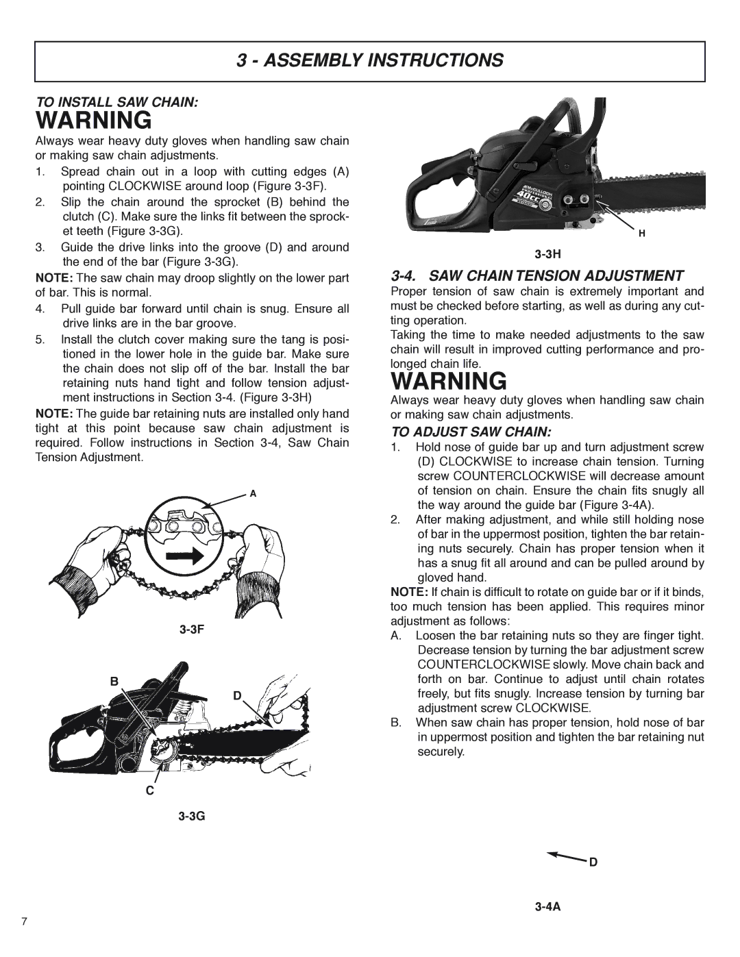 McCulloch MS4016PAVCC, MS4018PAVCC user manual SAW Chain Tension Adjustment, To Install SAW Chain, To Adjust SAW Chain 