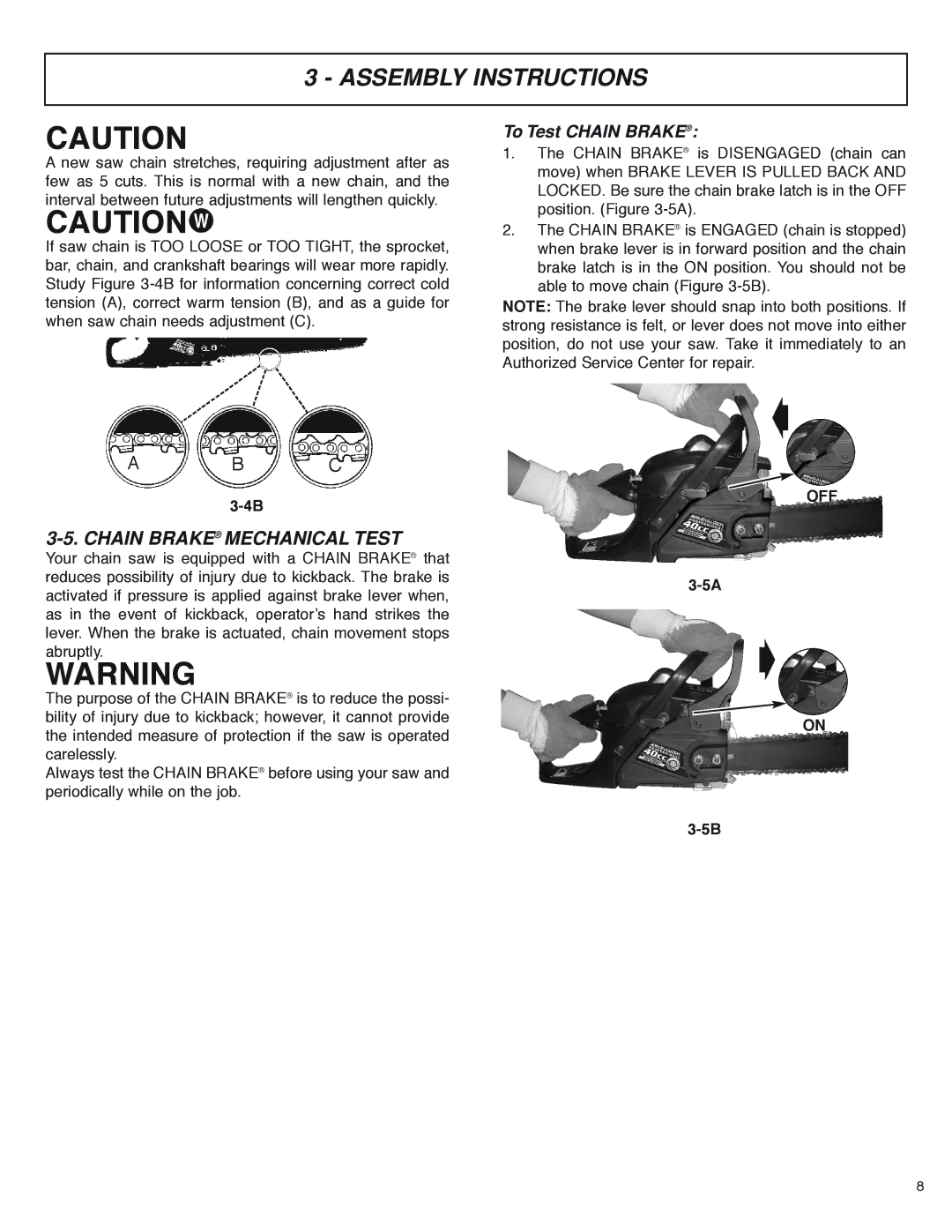 McCulloch MS4016PAVCC, MS4018PAVCC user manual Chain Brake Mechanical Test, To Test Chain Brake 