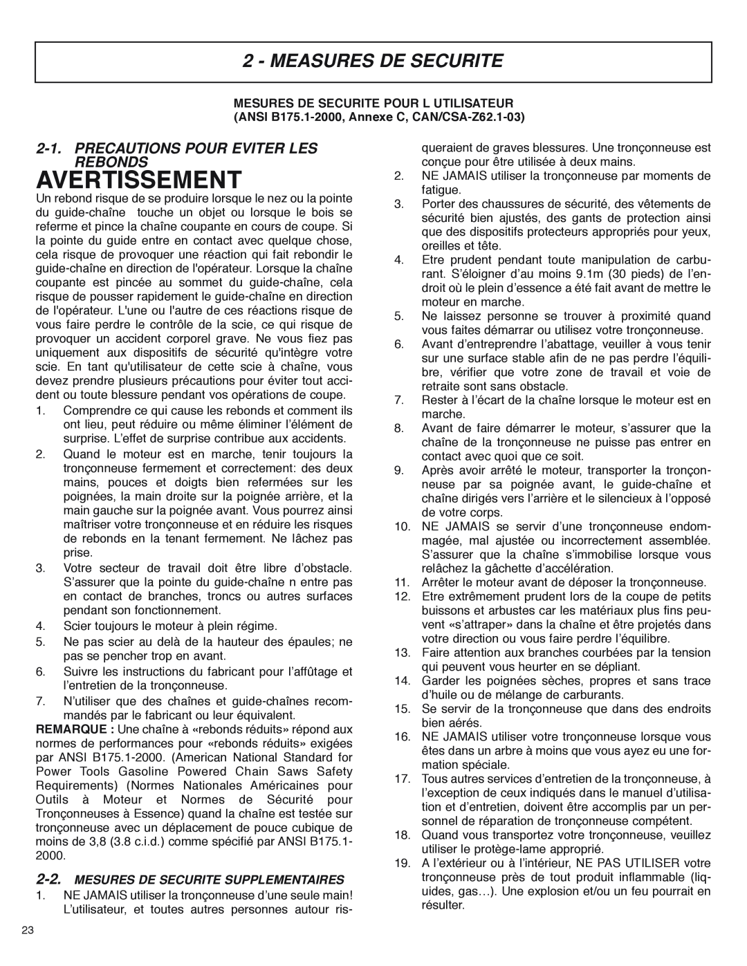 McCulloch MS4016PAVCC, MS4018PAVCC user manual Avertissement, Measures De Securite, Precautions Pour Eviter Les Rebonds 