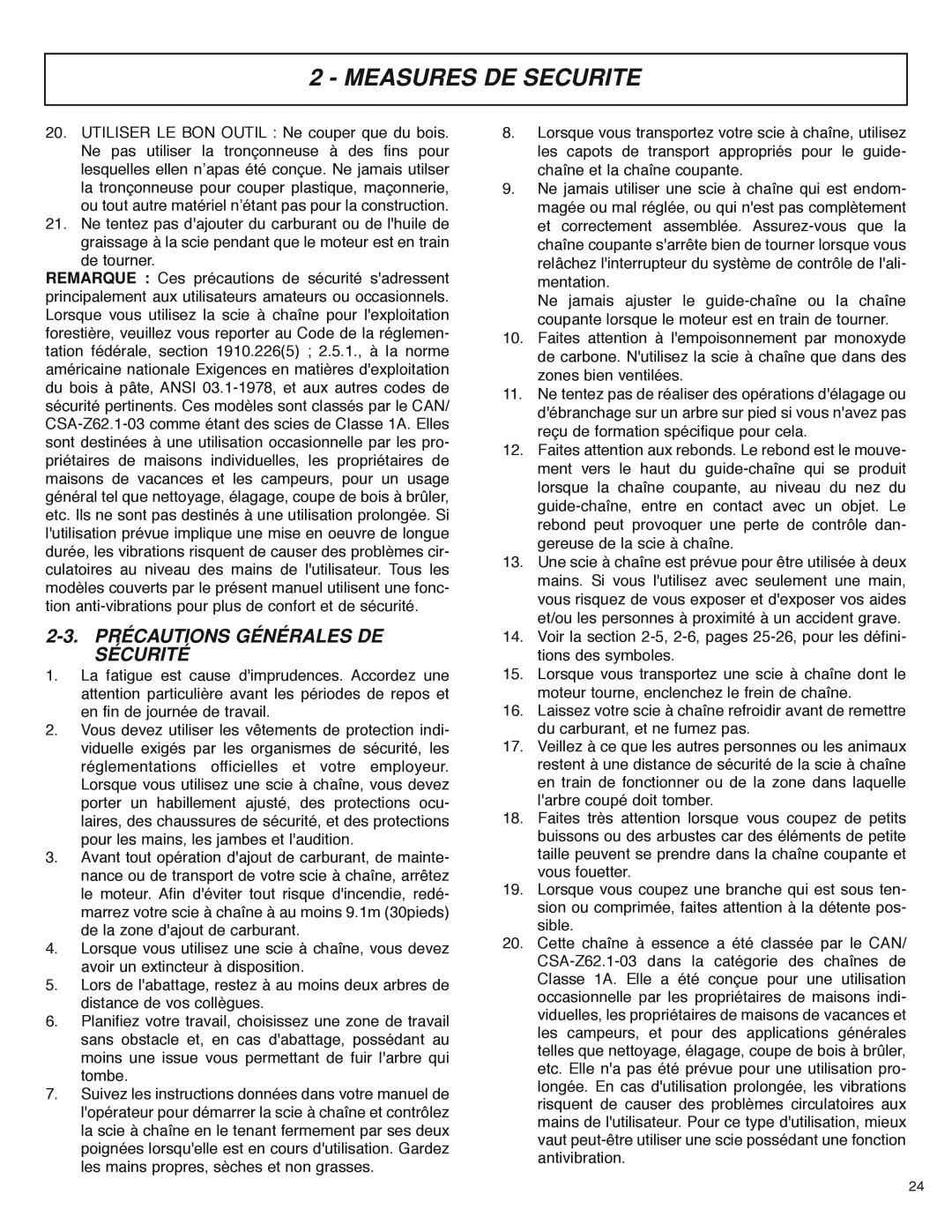 McCulloch MS4016PAVCC, MS4018PAVCC user manual 2-3. PRÉCAUTIONS GÉNÉRALES DE SÉCURITÉ, Measures De Securite 