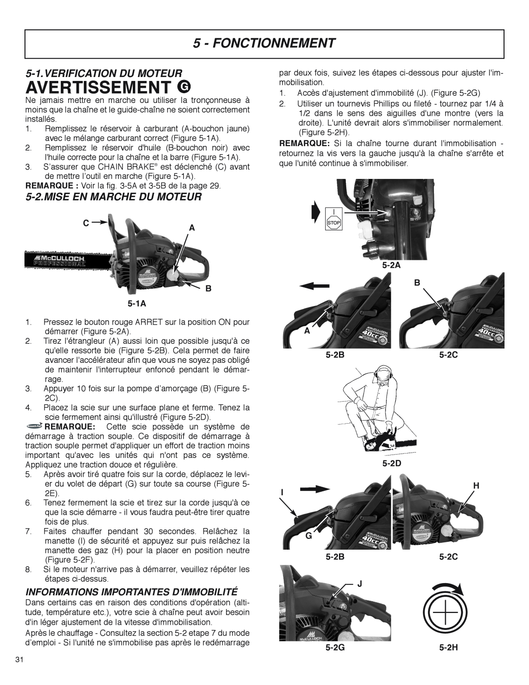 McCulloch MS4016PAVCC, MS4018PAVCC user manual Fonctionnement, Verification Du Moteur, Mise En Marche Du Moteur, C A B 5-1A 