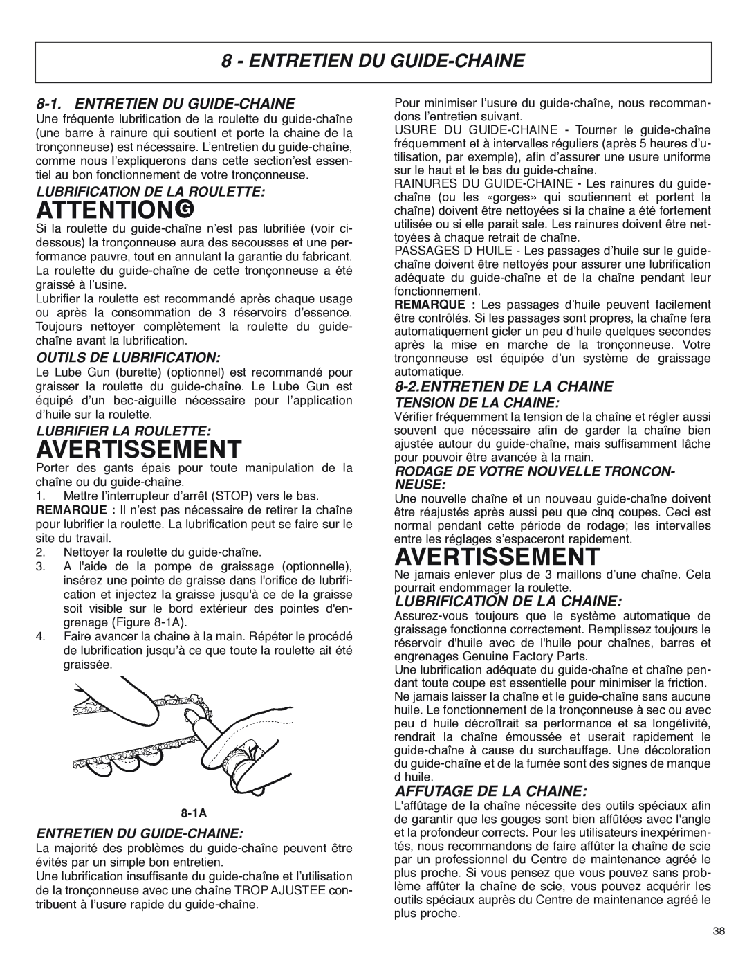 McCulloch MS4016PAVCC, MS4018PAVCC Entretien Du Guide-Chaine, Entretien De La Chaine, Lubrification De La Chaine, 8-1A 