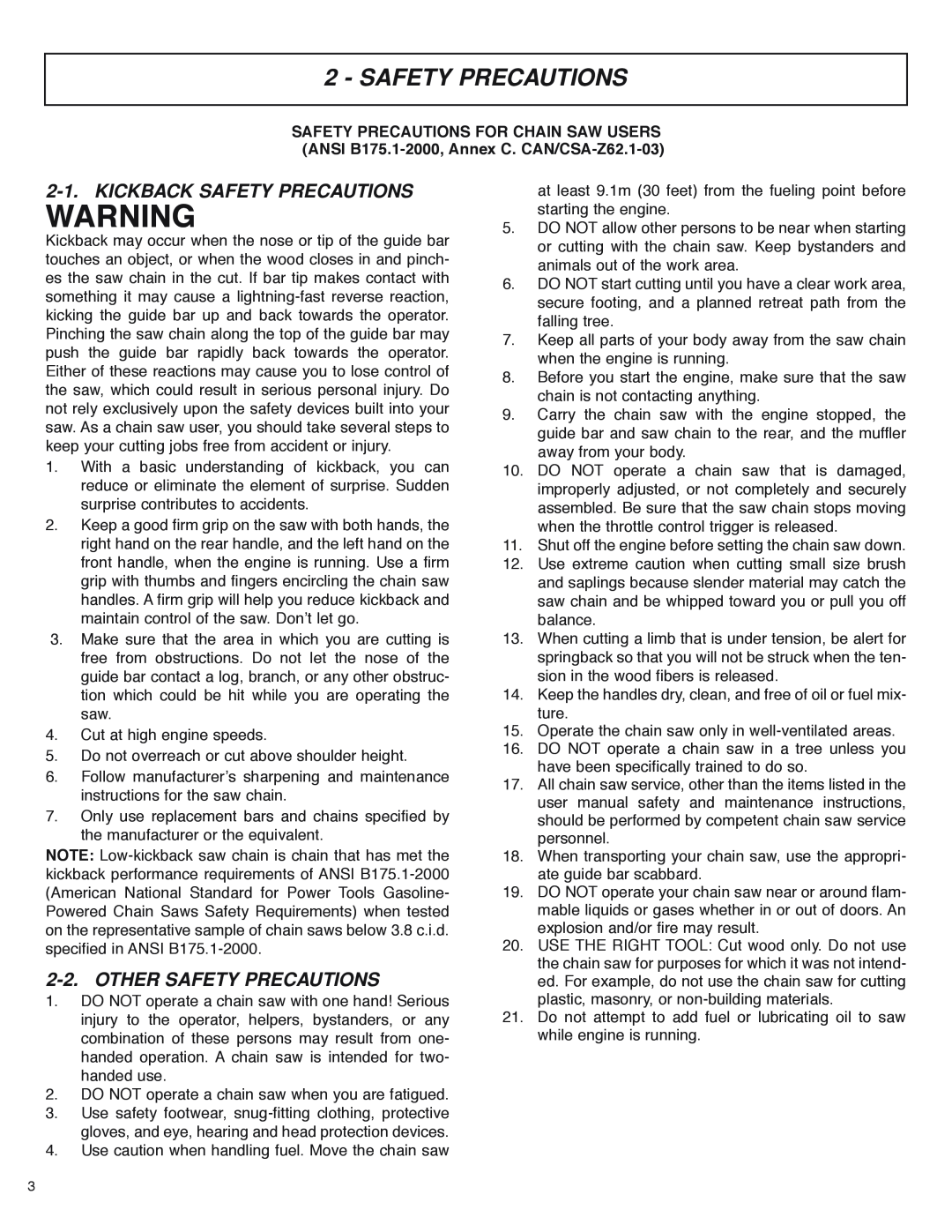 McCulloch MS4016PAVCC, MS4018PAVCC user manual Kickback Safety Precautions, Other Safety Precautions 
