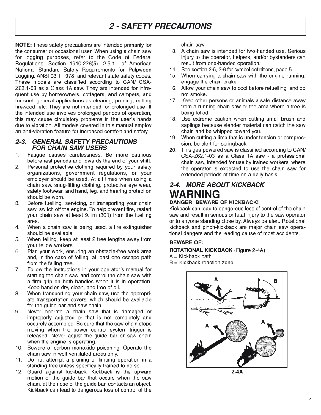 McCulloch MS4016PAVCC, MS4018PAVCC General Safety Precautions For Chain Saw Users, More About Kickback, AB A A 2-4A 