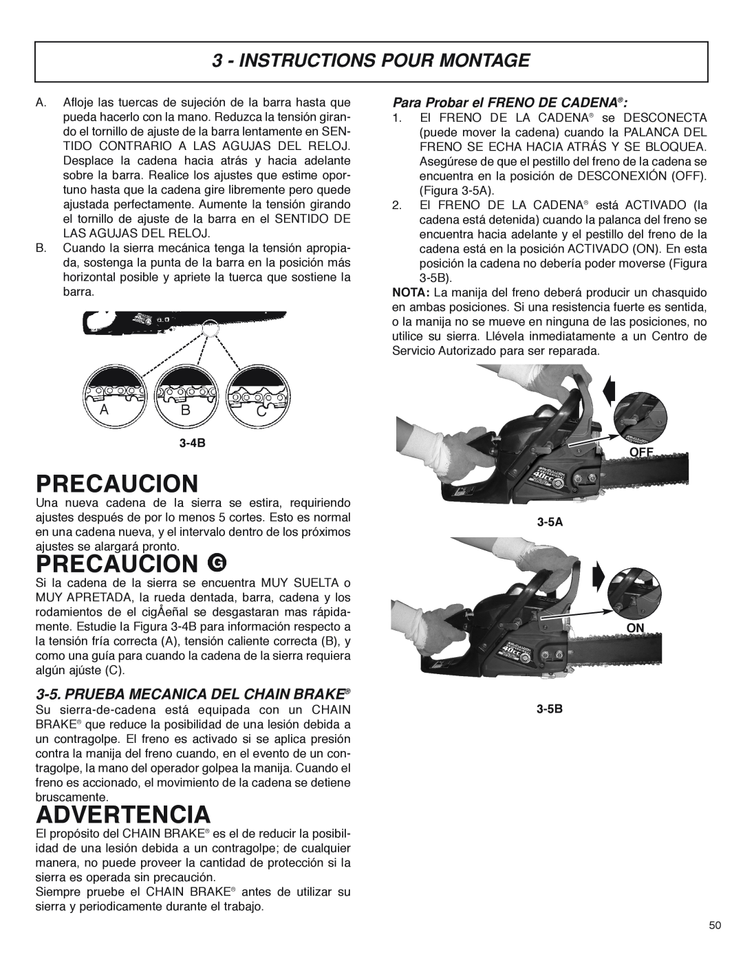 McCulloch MS4016PAVCC, MS4018PAVCC Precaucion, Prueba Mecanica Del Chain Brake, Para Probar el FRENO DE CADENA, A B C 