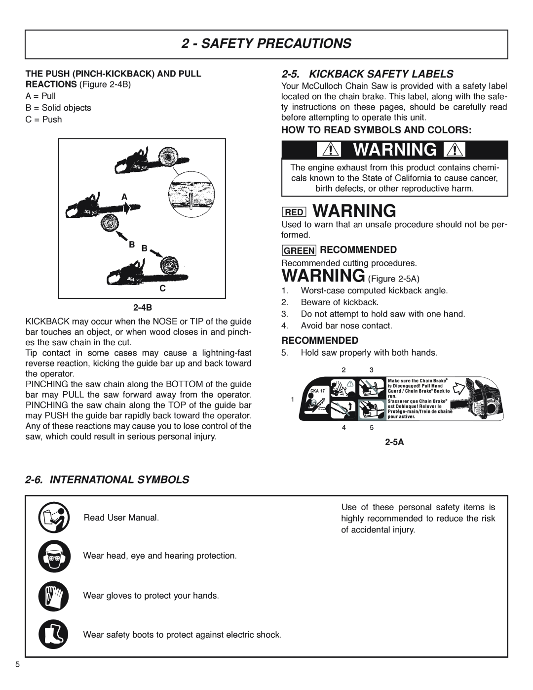 McCulloch MS4016PAVCC, MS4018PAVCC Red Warning, Kickback Safety Labels, International Symbols, Green Recommended, 2-5A 