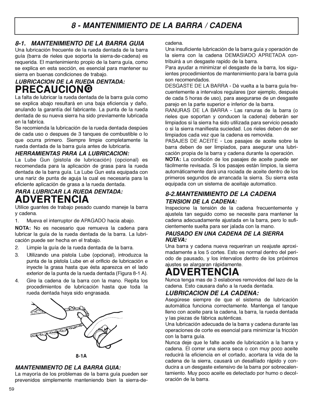 McCulloch MS4016PAVCC, MS4018PAVCC Mantenimiento De La Barra / Cadena, Mantenimiento De La Barra Guia, Precaucion, 8-1A 