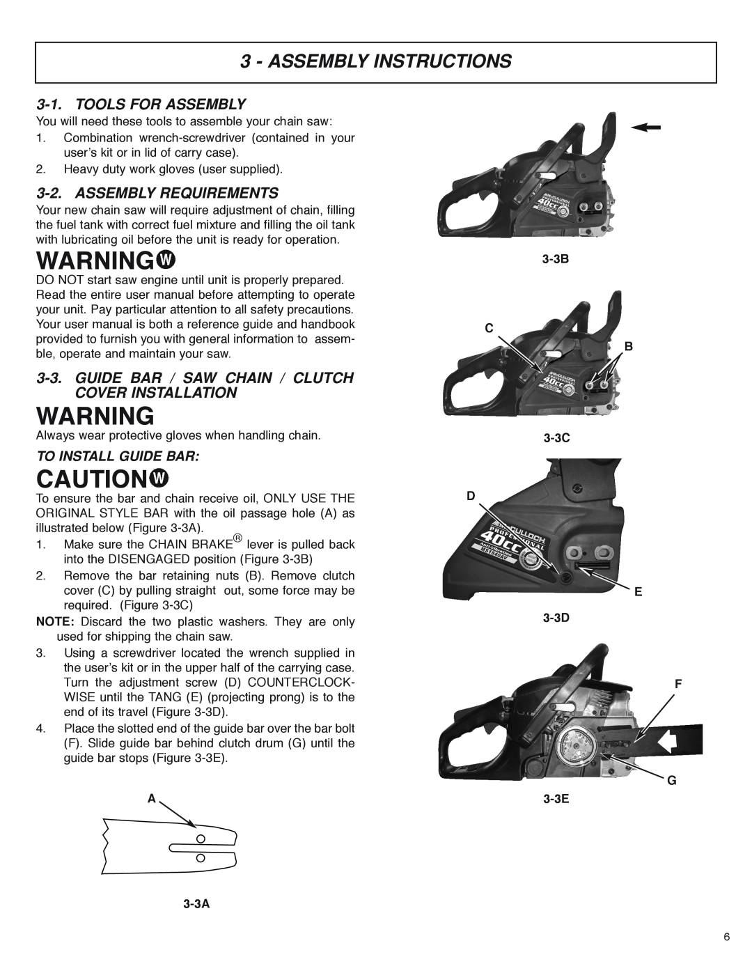 McCulloch MS4016PAVCC, MS4018PAVCC Assembly Instructions, Tools For Assembly, Assembly Requirements, To Install Guide Bar 