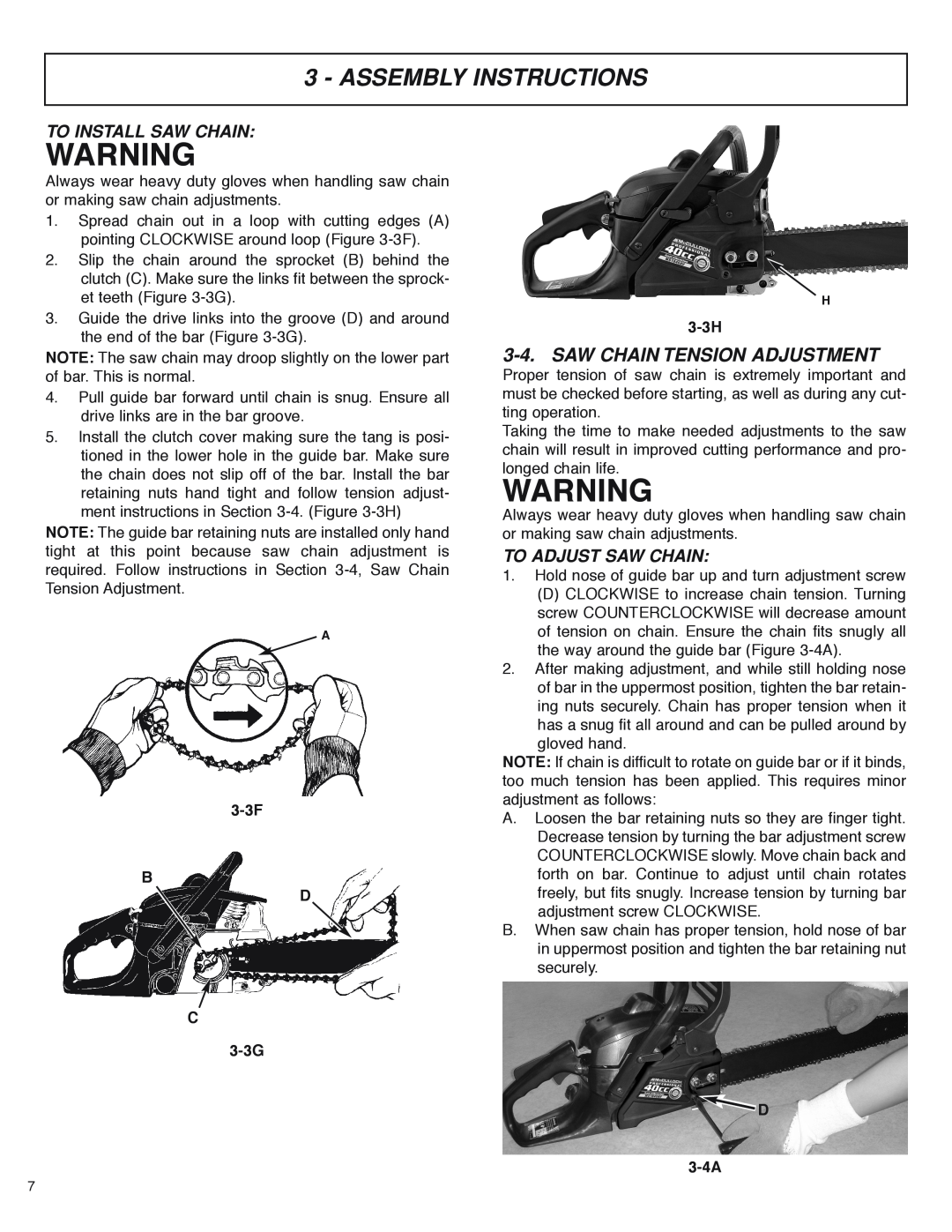 McCulloch MS4016PAVCC, MS4018PAVCC Saw Chain Tension Adjustment, To Install Saw Chain, To Adjust Saw Chain, 3-3H, D 3-4A 