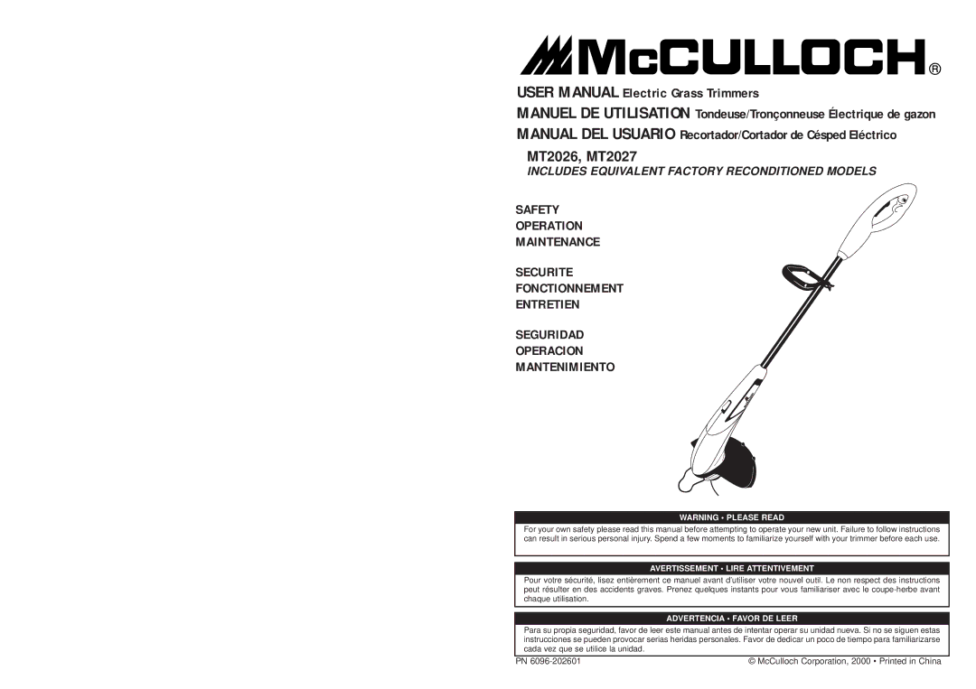 McCulloch user manual MT2026, MT2027 