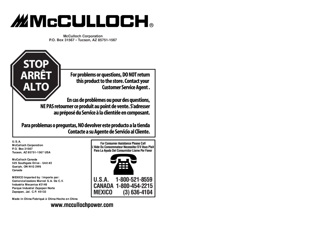 McCulloch MT2027, MT2026 user manual McCulloch Corporation Box 31567 Tucson, AZ 