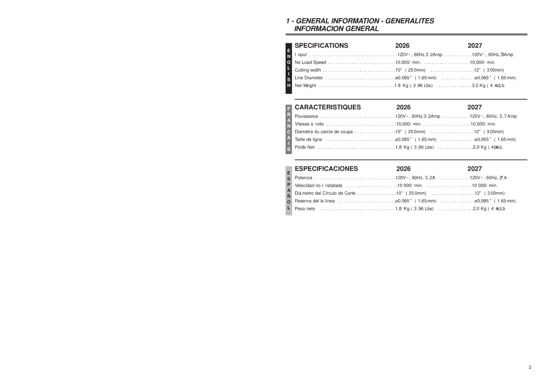 McCulloch MT2026, MT2027 user manual General Information Generalites Informacion General 