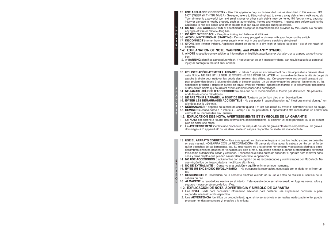 McCulloch MT2026 Explanation of NOTE, WARNING, and Warranty Symbol, Explicacion DE NOTA, Advertencia Y Simbolo DE Garantia 