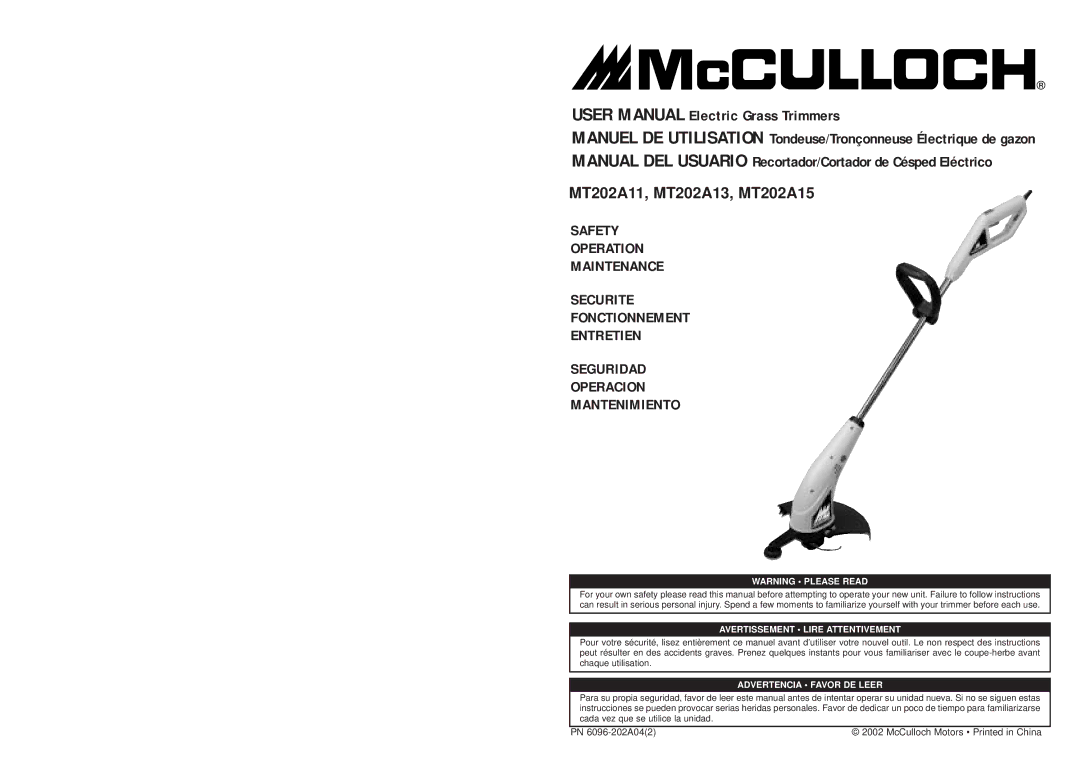 McCulloch user manual MT202A11, MT202A13, MT202A15 