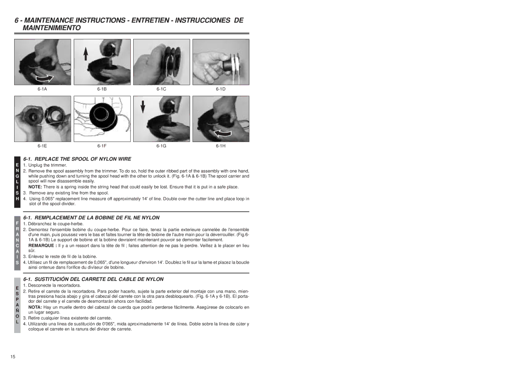 McCulloch MT202A11, MT202A13, MT202A15 user manual Replace the Spool of Nylon Wire, Unplug the trimmer 