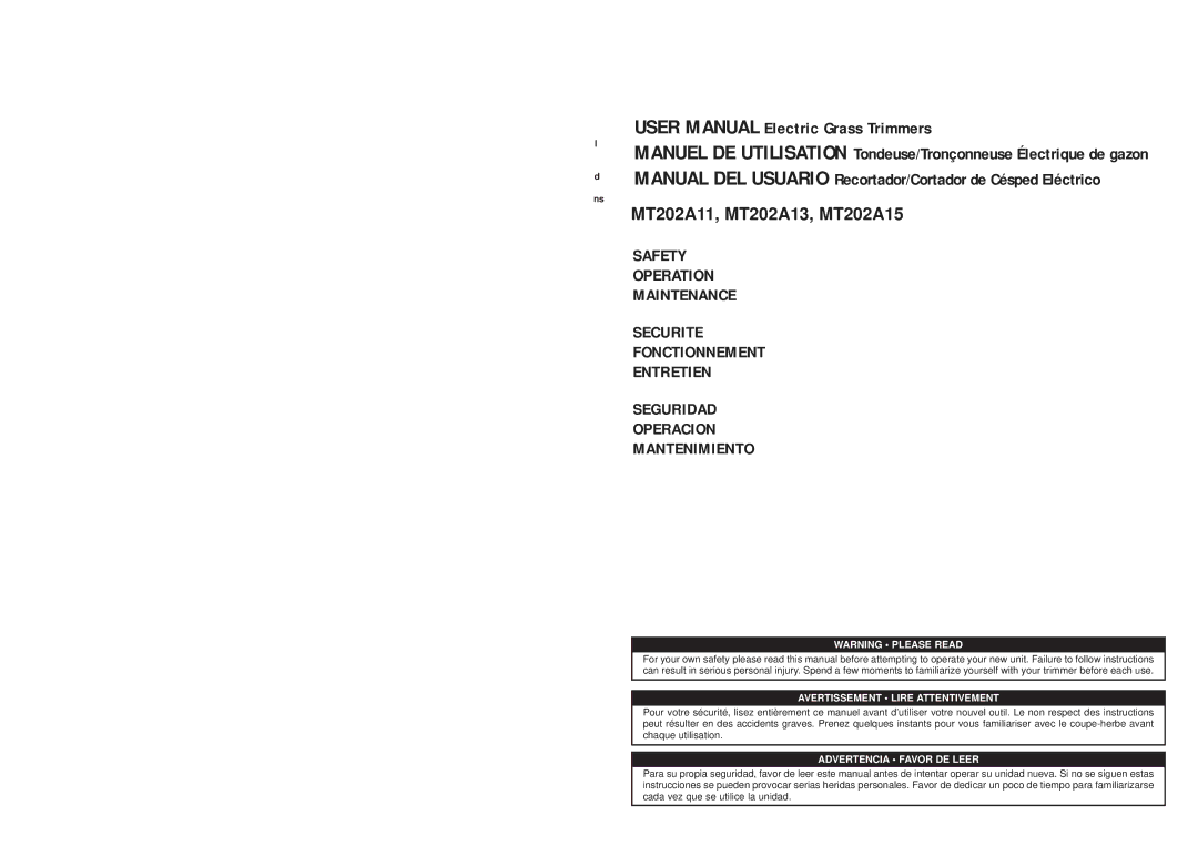 McCulloch MT202A15, MT202A13, MT202A11 user manual Please Read 