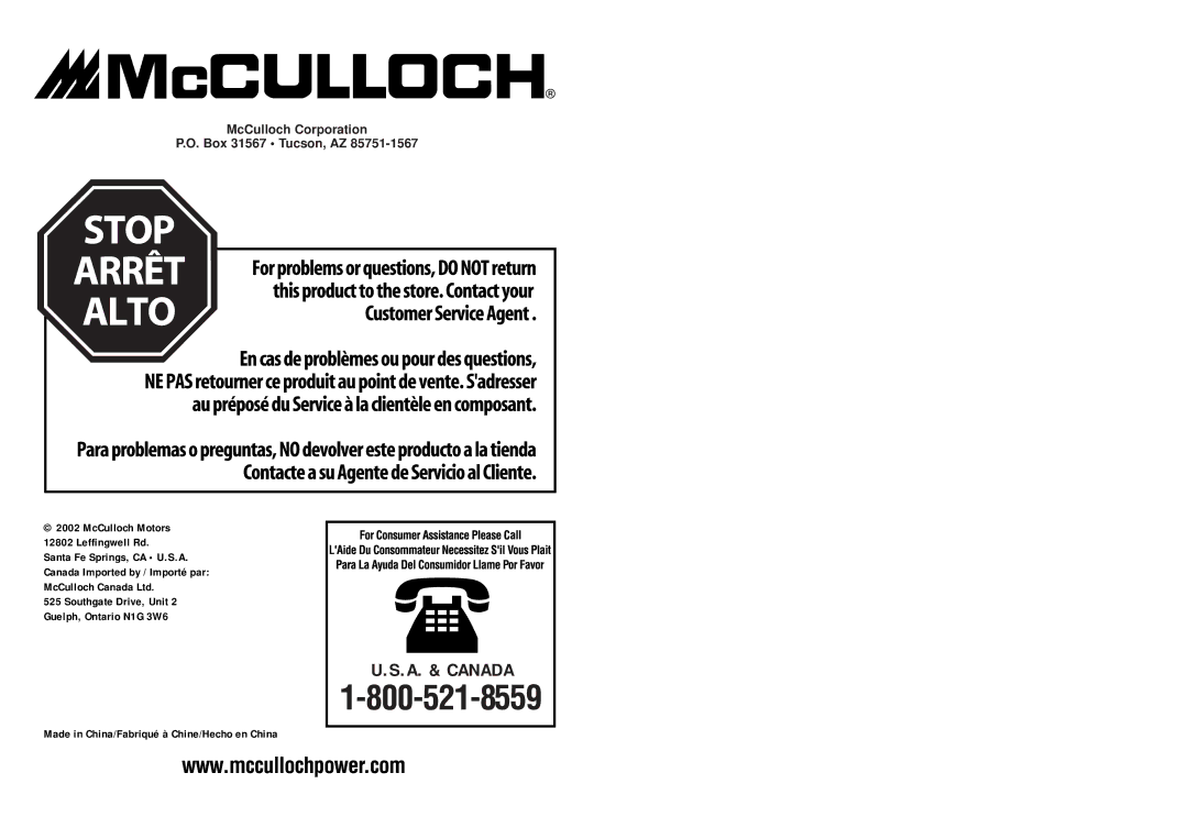 McCulloch MT202A15, MT202A13, MT202A11 user manual A. & Canada 