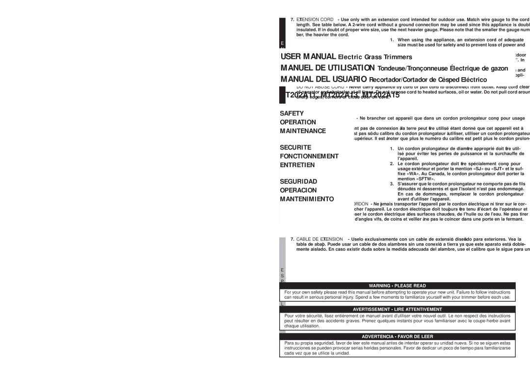 McCulloch MT202A11, MT202A13, MT202A15 user manual Tableau 