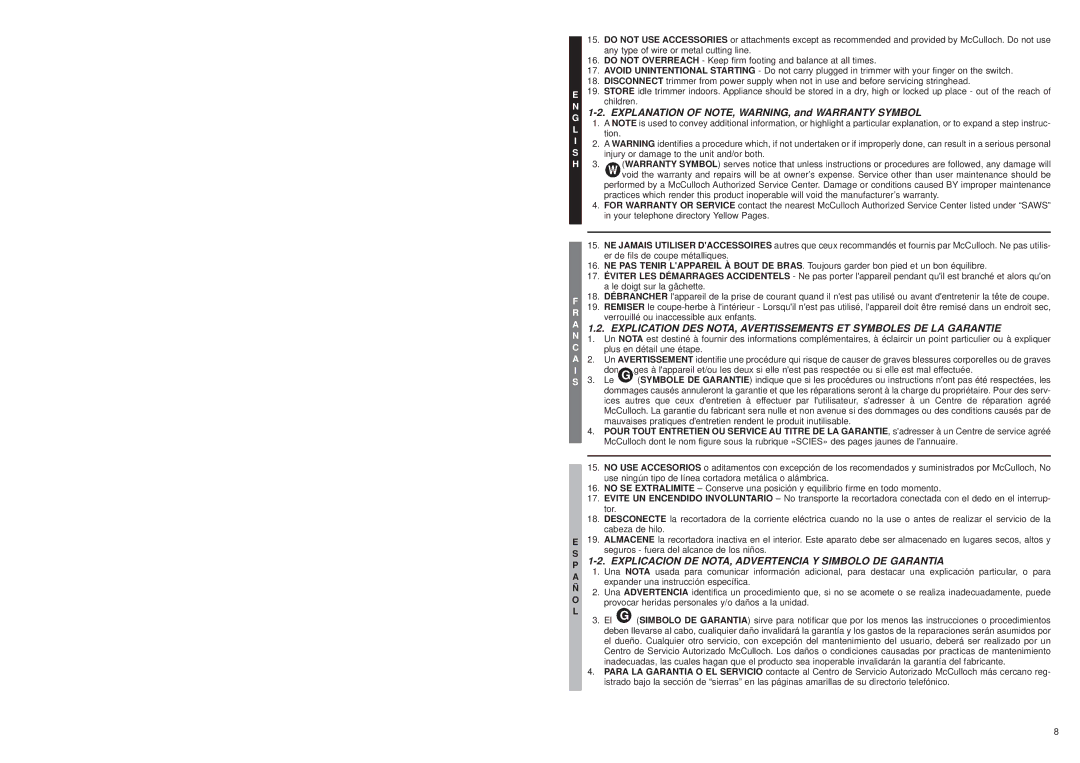 McCulloch MT202A13, MT202A11, MT202A15 user manual Explanation of NOTE, WARNING, and Warranty Symbol 