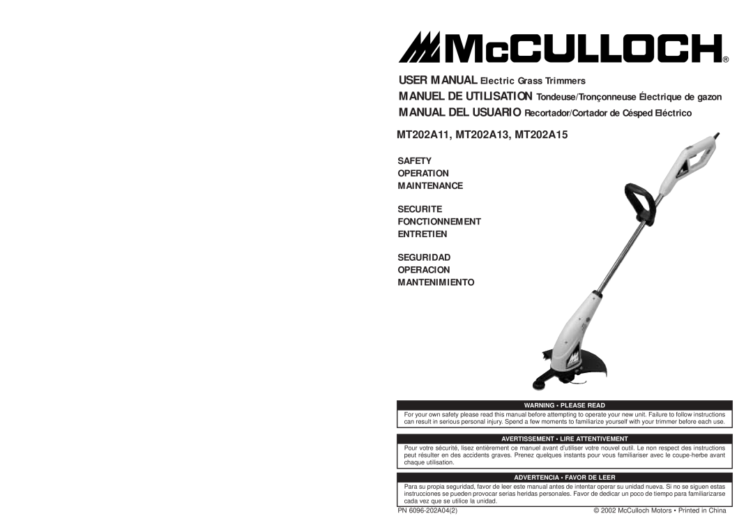 McCulloch MT202A11, MT202A13 user manual Warning Please Read, Avertissement Lire Attentivement, Advertencia Favor De Leer 