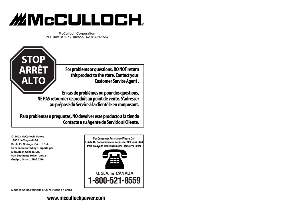 McCulloch MT202A15 McCulloch Corporation P.O. Box 31567 Tucson, AZ, U.S.A. & Canada, McCulloch Motors 12802 Leffingwell Rd 
